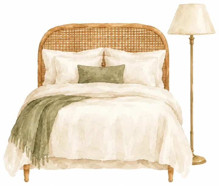 Aquarela de uma cama com cabeceira de palhinha e abajur