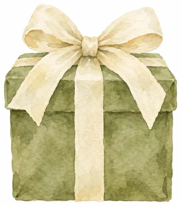 Aquarela de uma caixa de presente verde com laço creme