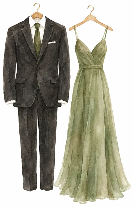 Aquarela de um terno preto e um vestido verde em cabides